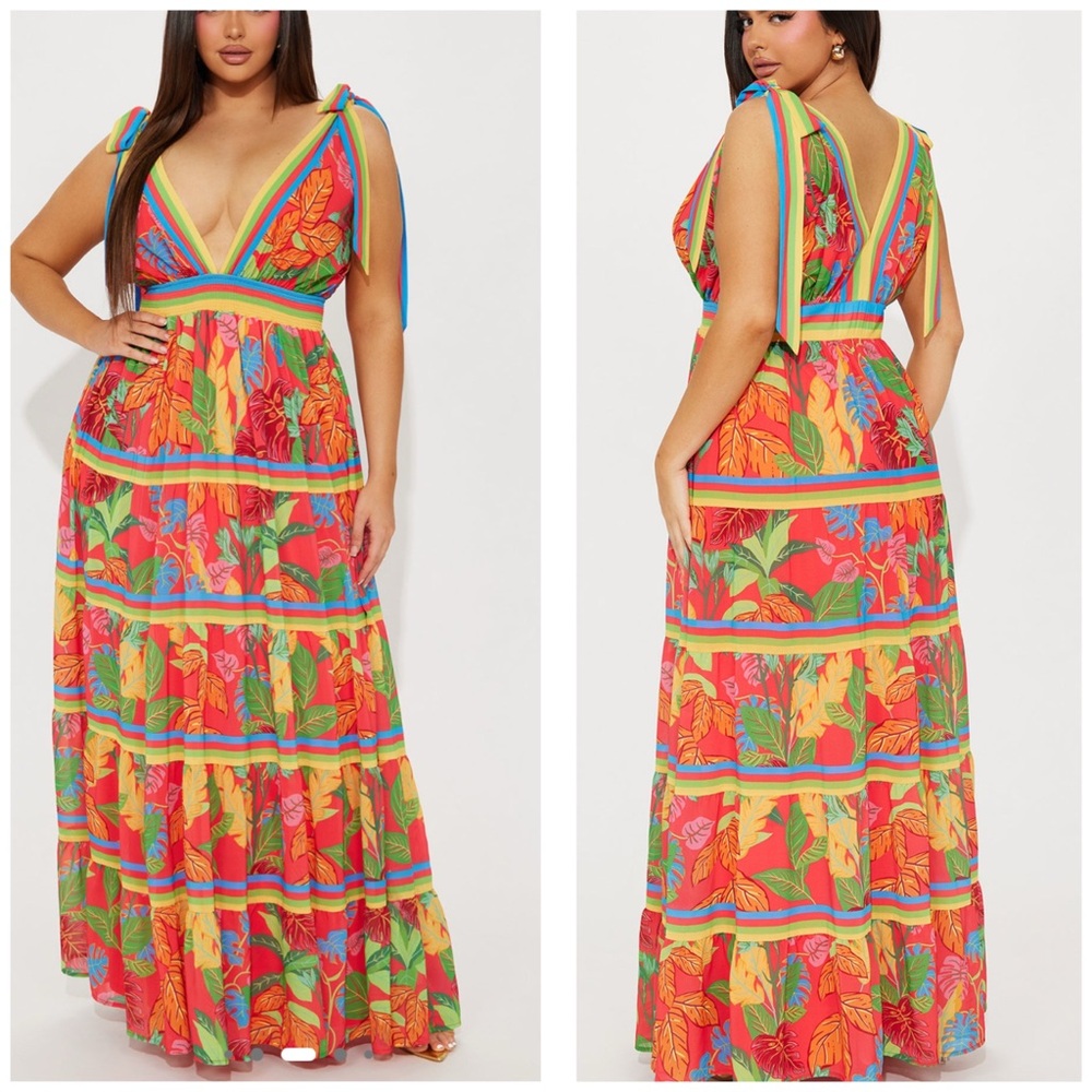 Colorful Leaf Print Maxi Dress